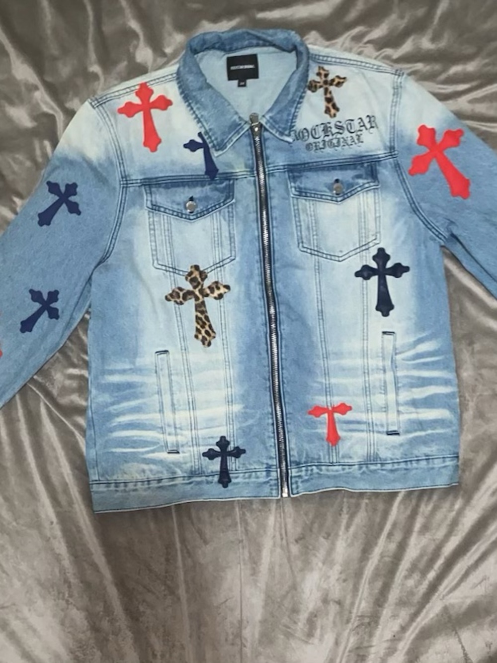 Men's Light Blue Straight Jeans Jacket with Cross Appliqués